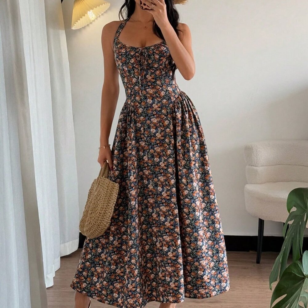 Multicolor Boho Womens Elegant A-Line V-Neck Cinched Waist Flared Hem Back Dress